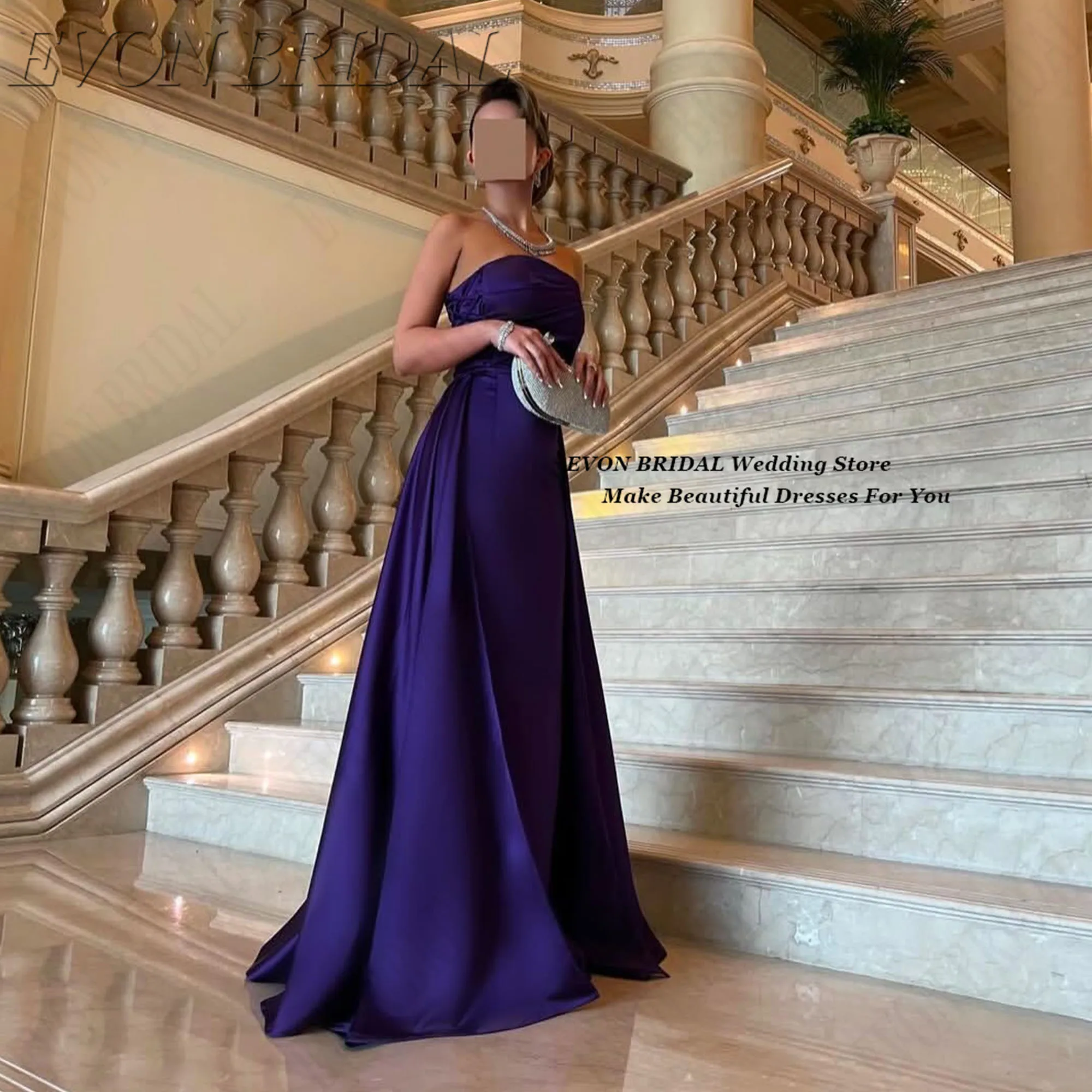 

Purple Satin Party Gowns for Ladies 2026 Customized Mermaid Evening Dresses Saudi Arabia Pleat Strapless Prom Gowns EVON BRIDAL