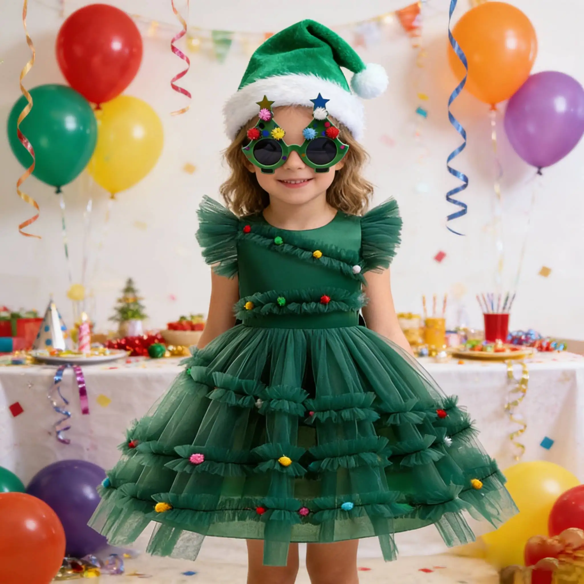 Girls Green Dress+Hat and Glasses Sets for Easter girls Elf Cosplay Family Carnival Party Fancy Princess Dress Saint Patrick