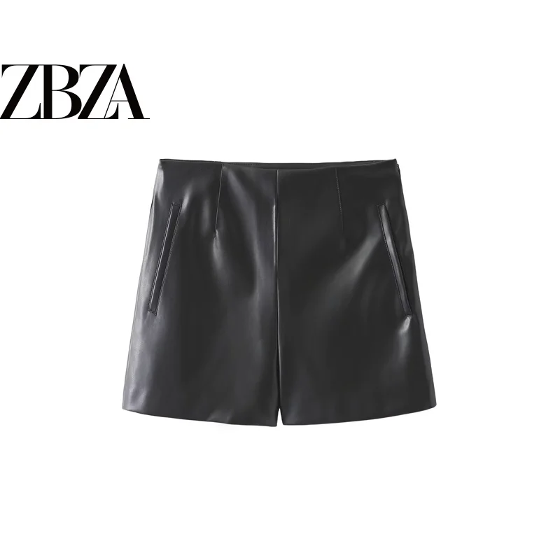 High Waist Fashionable Personality Matching Faux Leather Short Pants Straight Leg Polyester Fiber Ladies Autumn Season
