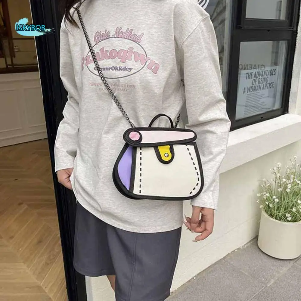 

Portable Cartoon Comic Crossbody Bag Canvas Handbag Chain Shoulder Bag Small Coin Purse Line Painting Messenger Bag Girls