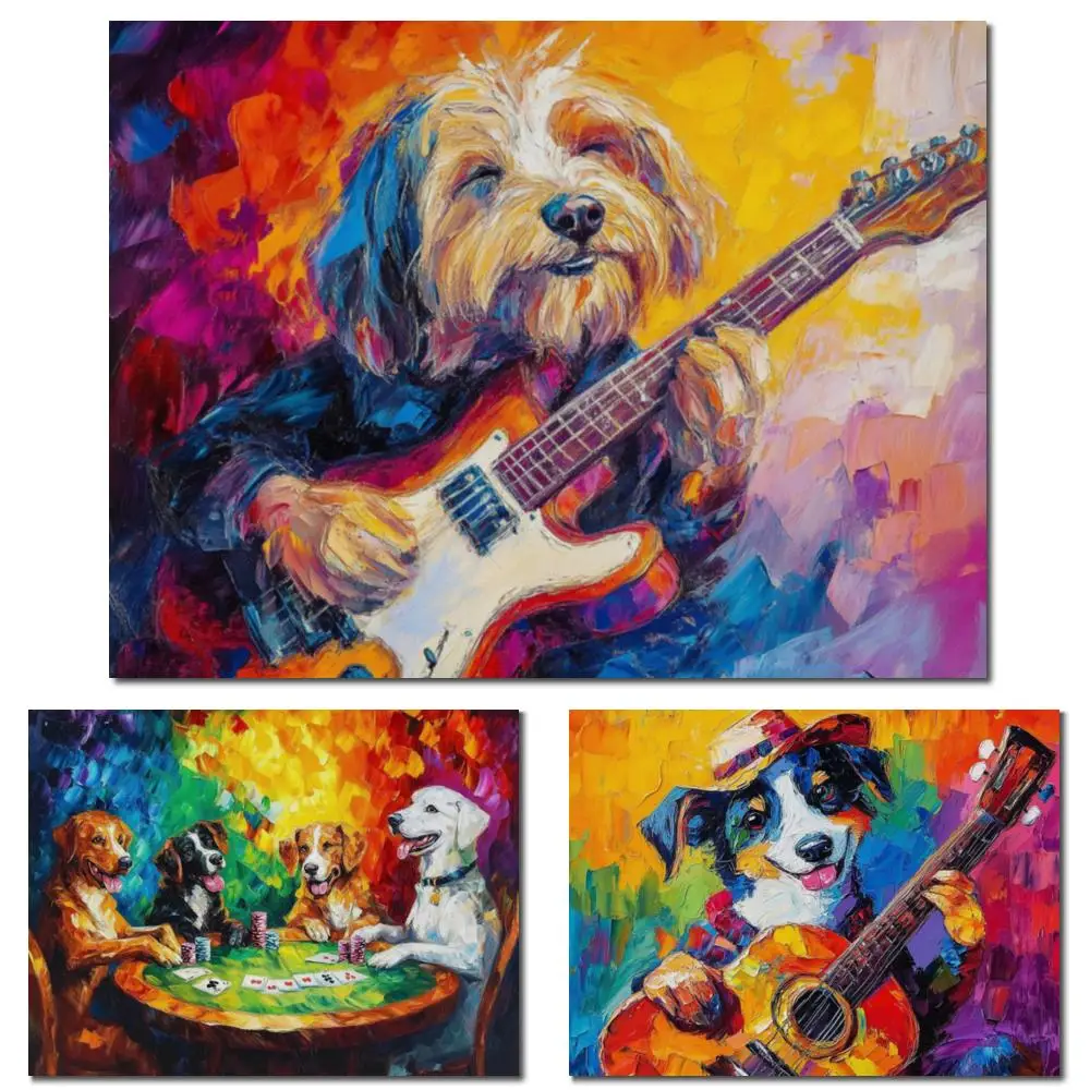 

Hand-Painted Oil Canavs Art Animal Textured Artwork Dog Playing Guitar Abstract Painting Music Room Kid Modern Home Decor Large