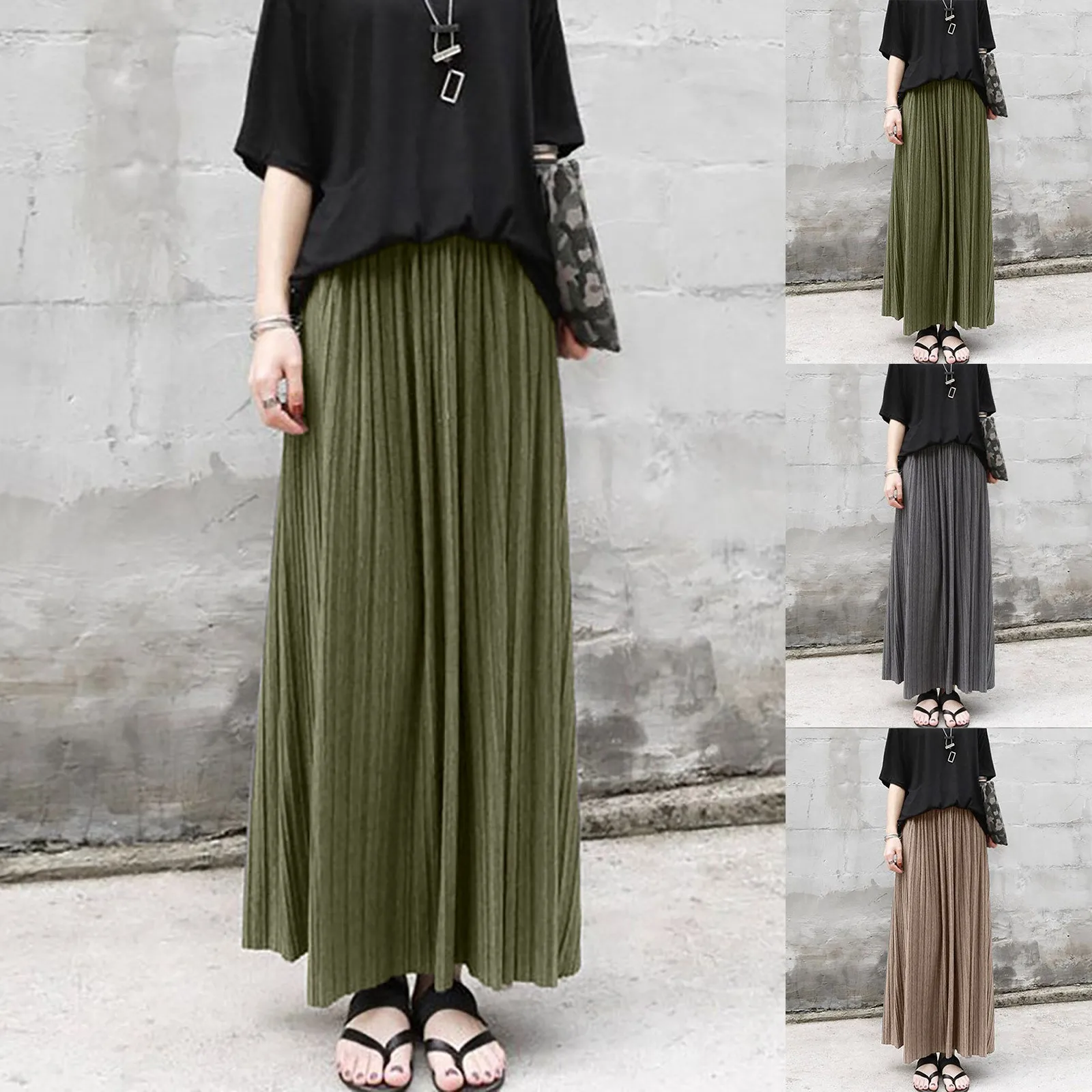 

Spring Autumn Cotton Elastic High Waist Maxi Skirts Womens Fashion Streetwear Vintage Falda Pleated Long Skirt Female Saia Longa