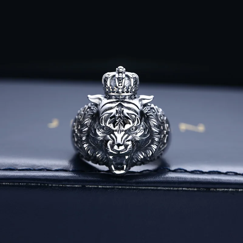 Wholesale s925 sterling silver ring men's lion crown ring index finger opening thai silver retro distressed jewelry