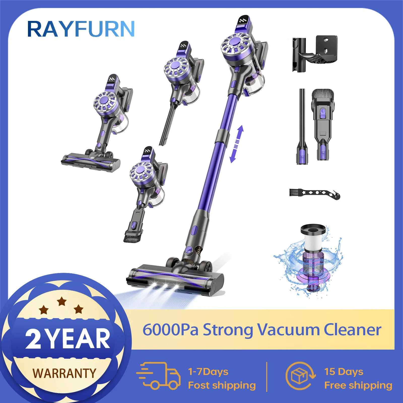 

RAYFURN V07 Wireless Handheld Vacuum Cleaners 6000PA Suction Power Cordless Stick Vaccum Cleaner For Pet Home 0.9L Dust Cup