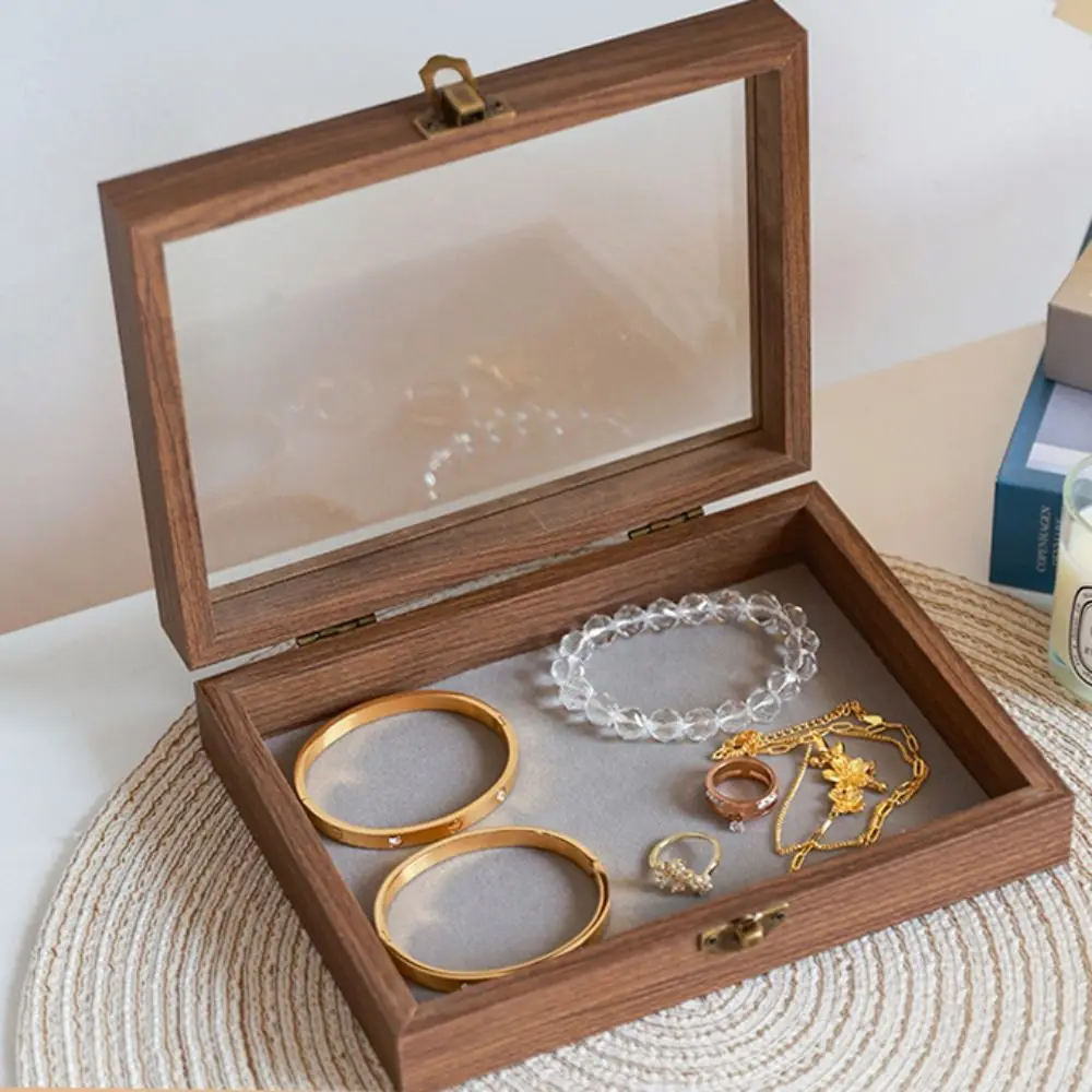 

Retro Elegant Wood Jewelry Box Glass Lid Velvet Jewelry Organizer Dust-proof Storage Box Ring Display Holder Store