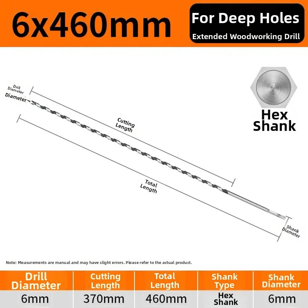 1Pcs 200-460mm Wood Auger Drill Bit High Carbon Steel Hex Shank Woodworking Center Drill Extra Long 6mm Deep Hole Drill Bit