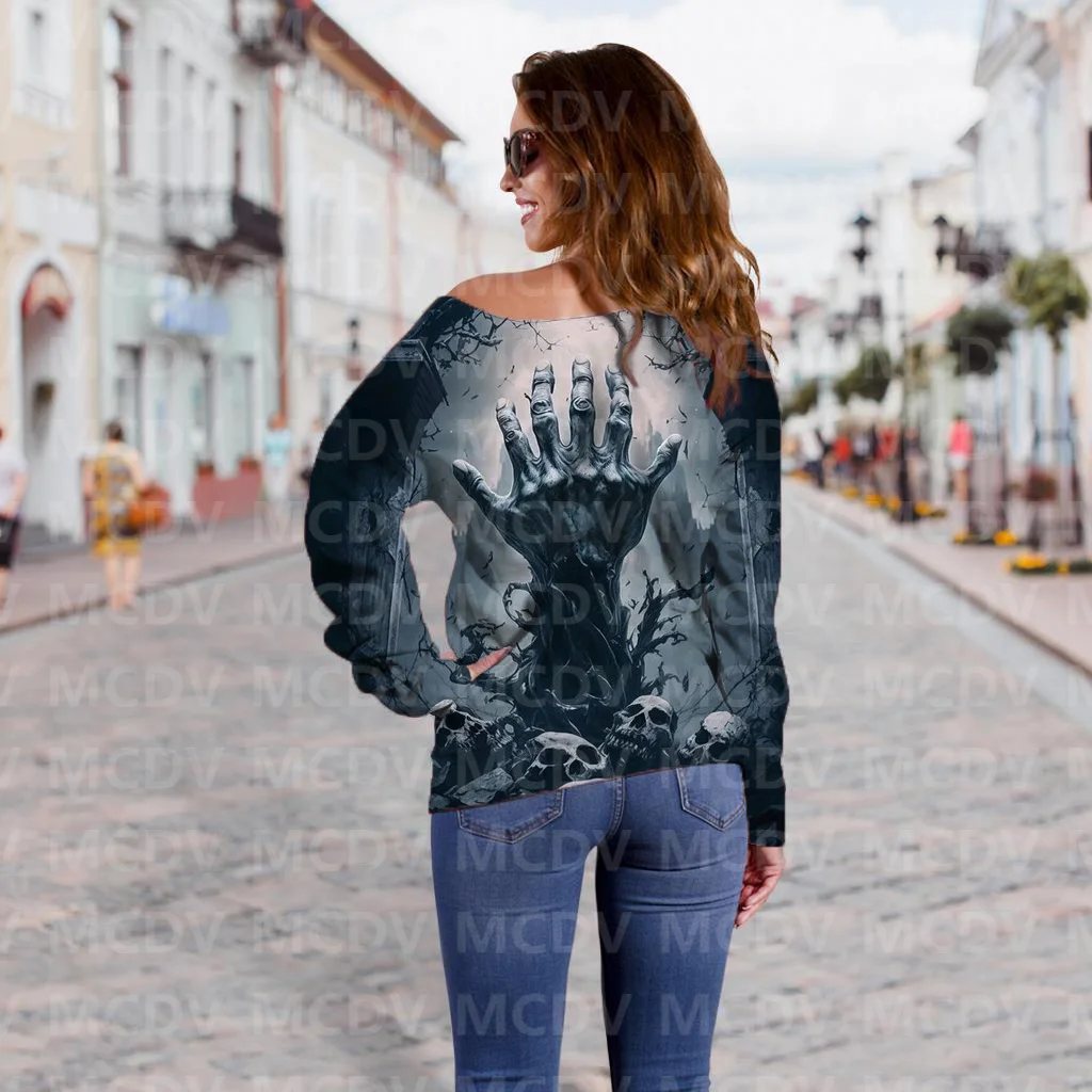 Suéter con hombros descubiertos para mujer, Jersey informal de manga larga con estampado 3D de Halloween