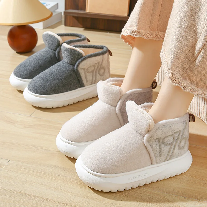 

New Thick Sole Warm Plush Shoes Women Men Indoor Cotton Slippers Anti Slip Soft Fur Platform Couples Winter Boots