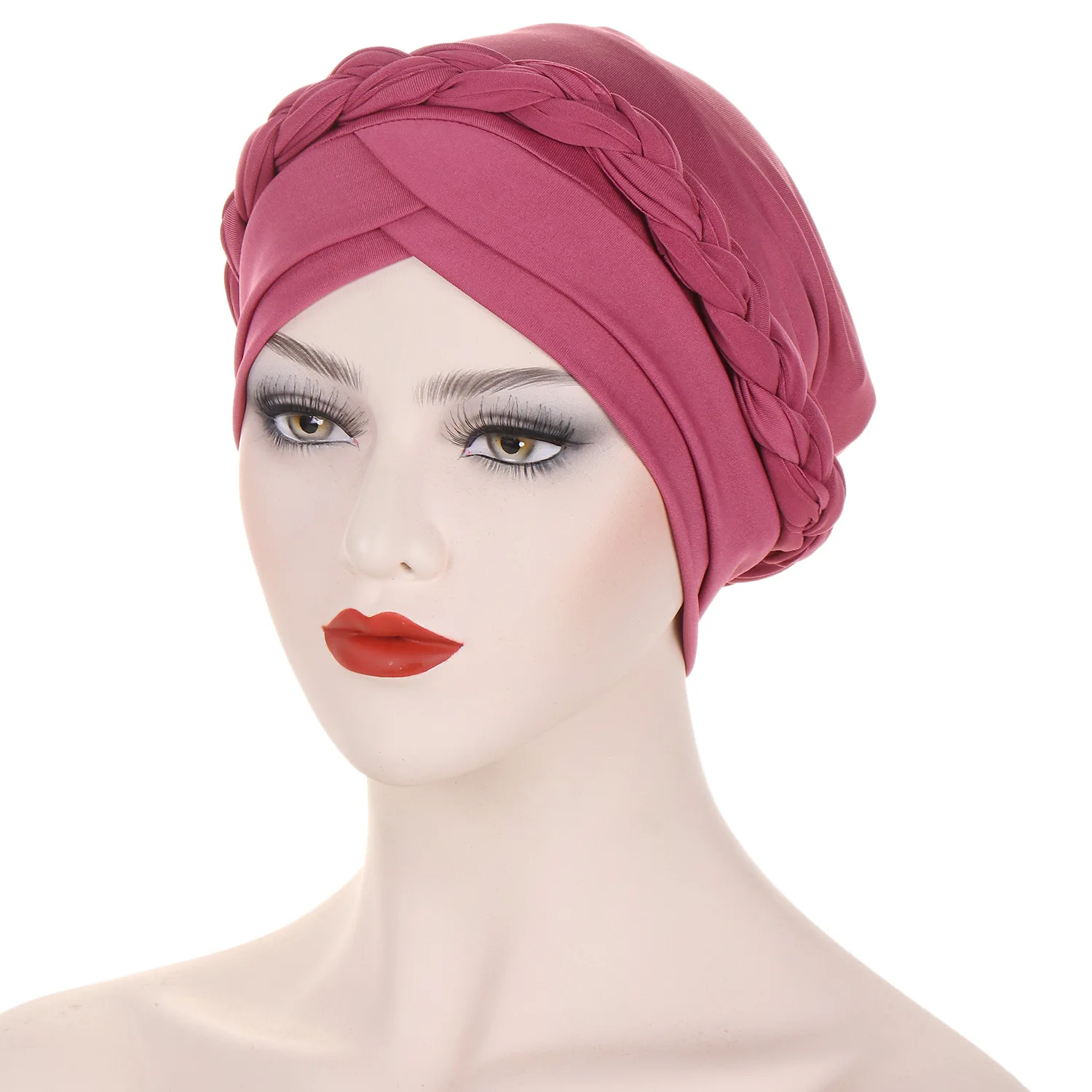 Solid Color Braided Turban Cap Forehead Cross Pre-tied Head Wrap Elastic Hijab Bonnet Women Chemo Hats