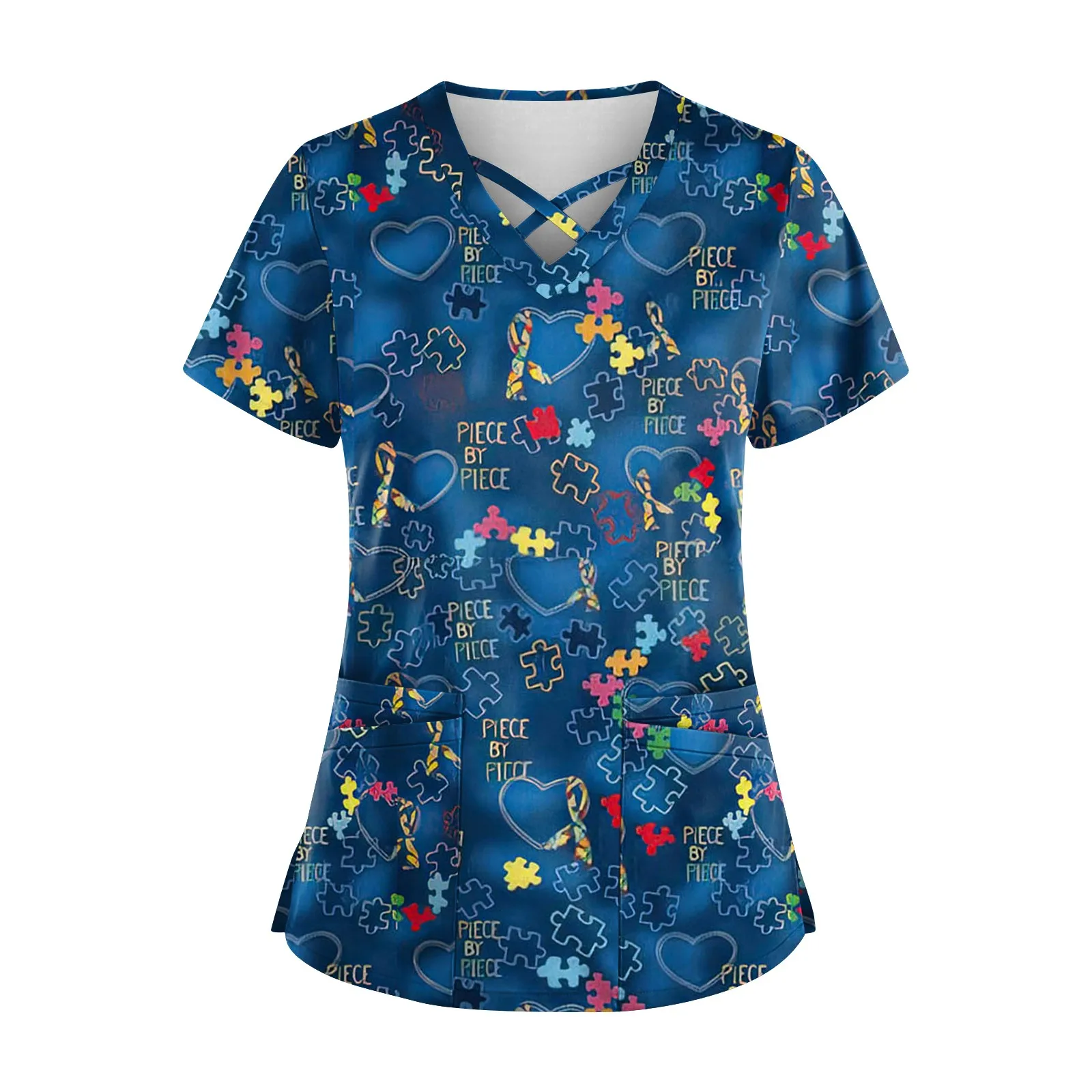 

Clinical Uniform Woman Cute Cartoon Print Cute Cartoon Print Tops V-Neck Short Sleeve Uniform Woman Blouse With Pocket