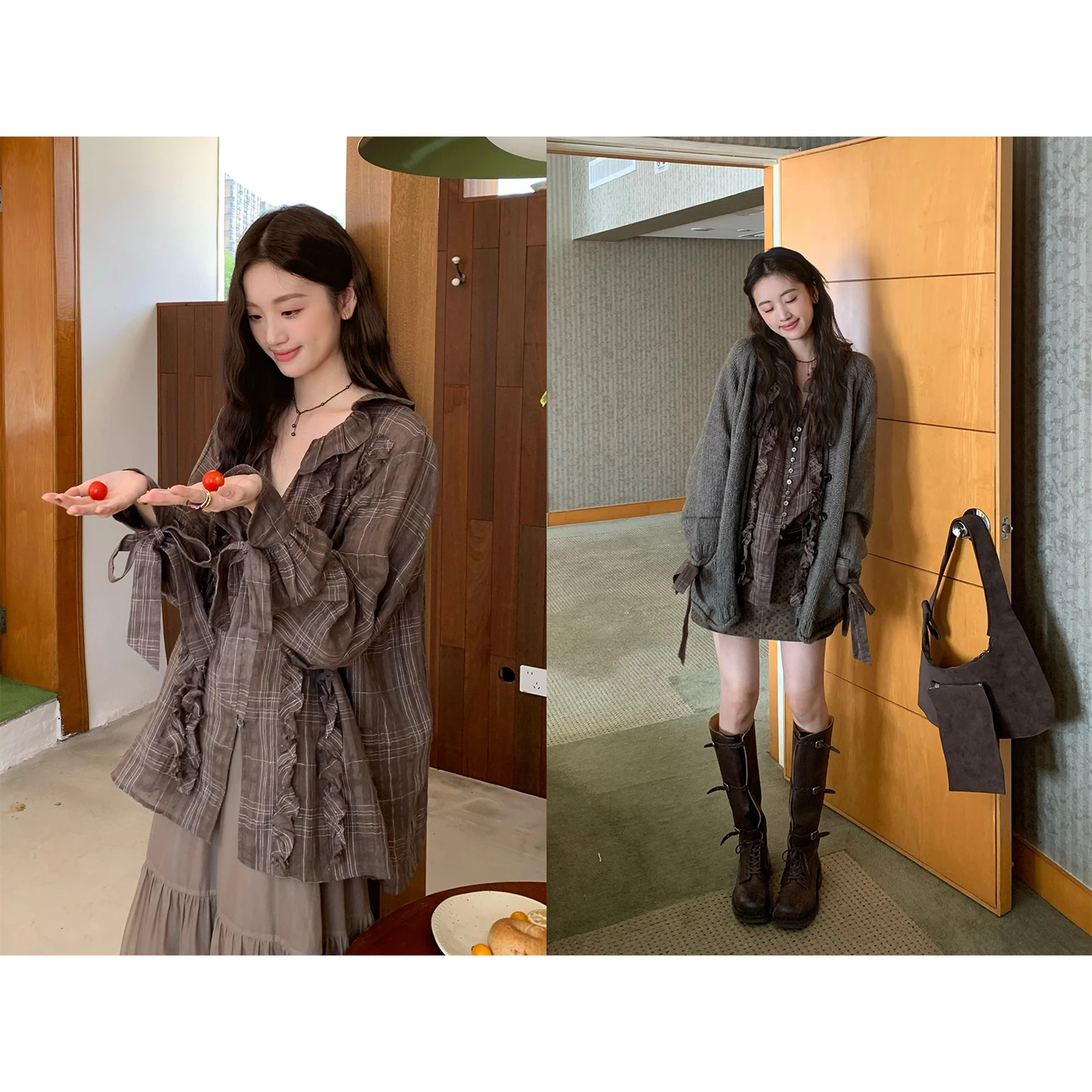 

Soolrok Knot Cotton Linen irt Wooden Collar Turn-down Collar V-ne Women's Busin Casual Sle Long Sve