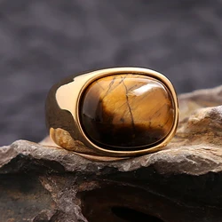 Simple Vintage Tiger Eye Brown Stone Rings For Men Women Stainless Steel Punk Biker Fashion Party Jewelry Gifts Dropshipping