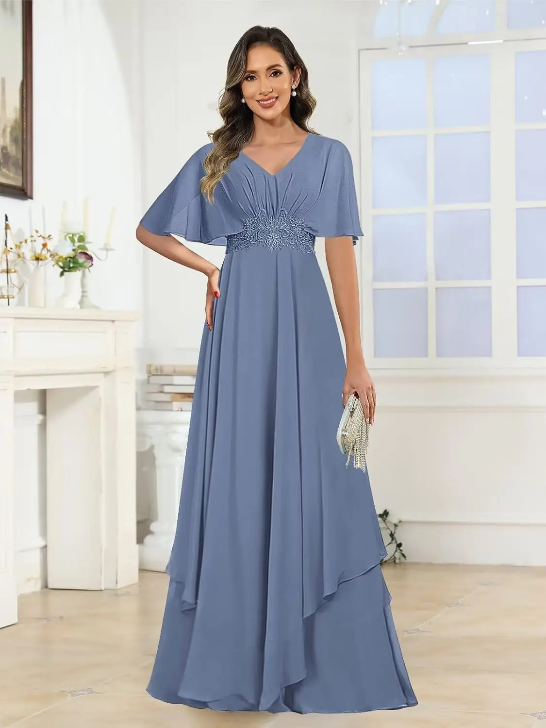 

Chiffon Lace Mother of The Bride Dresses for Women Long V Neck Ruched Formal Evening Dresses with Sleeves