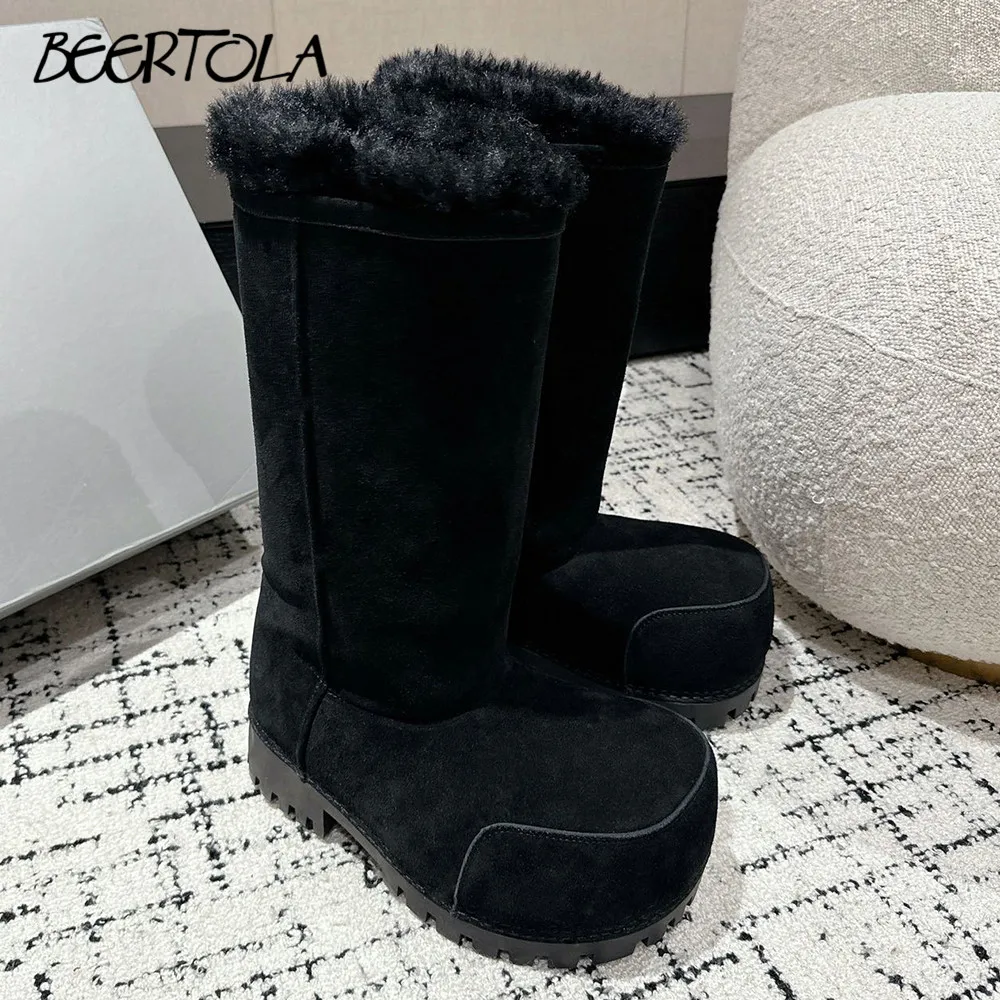 Cow Suede Knee-High Boots Big Head Autumn and Winter Couple Snow Boots Fashion Show Style Personality Warm Casual Boots