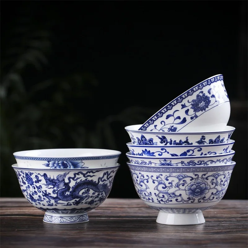  Chinese Blue And White Porcelain Rice Bowl Noodle Soup Bowl Jingdezhen Specialty High Legged Antique Bowl