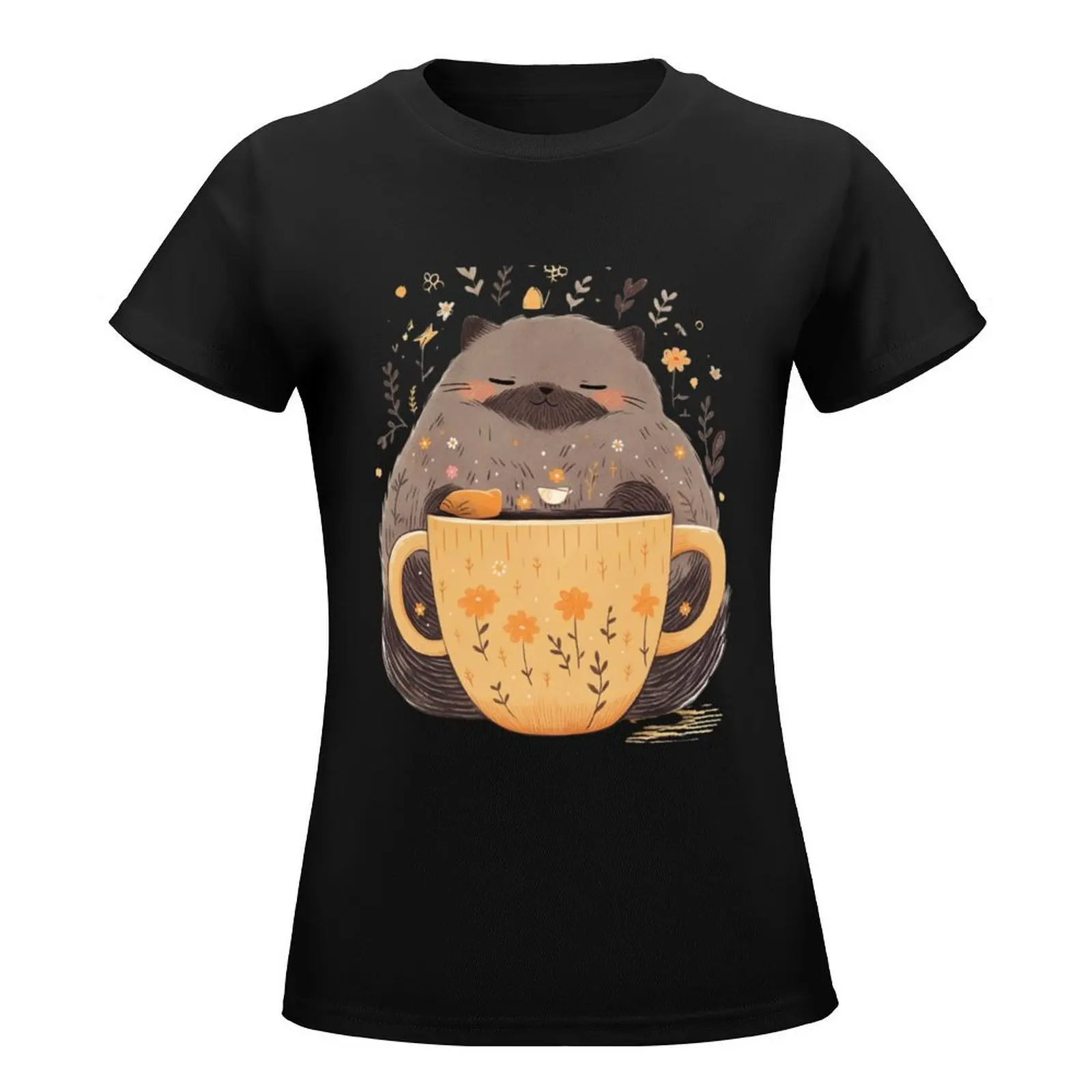 Fat Cat Cute drinking coffee T-Shirt customizeds korean fashion summer clothes customs design your own Womens clothing