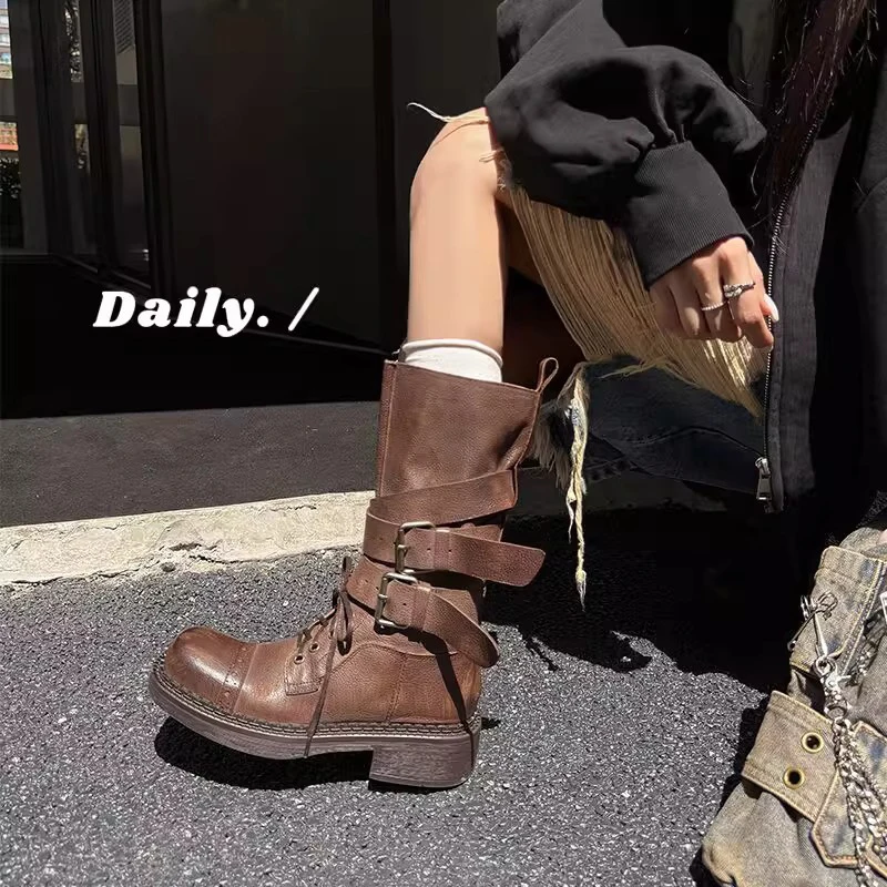 2025 Retro Women's Boots Mid-heel Summer Western Cowboy Boots Thick-soled Mid-tube Desert Pile Fashion Leather Boots Autumn