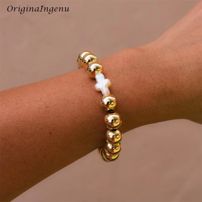 Elasticity Gold Beaded Bracelet 14K Gold Filled Natural Pearl Bracelet  Tarnish Resistant Jewelry Boho Women Cross Jewelry