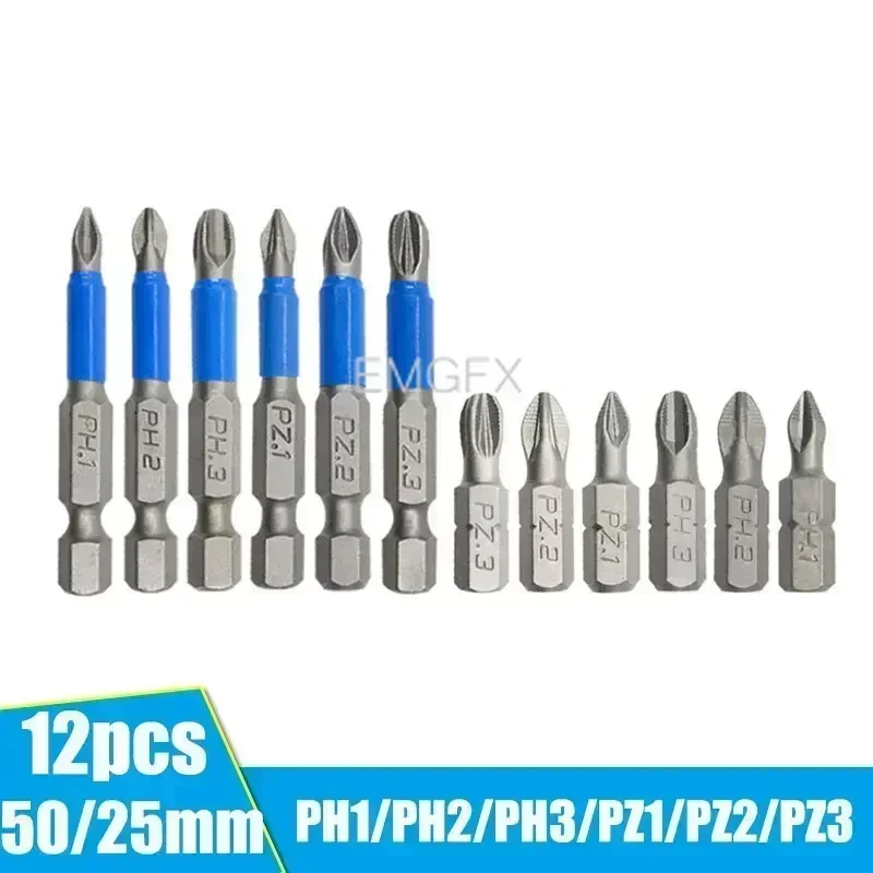 12PCs No-slip PZ1/PZ2/PZ3 Screwdriver Bit Sets for Drill Magnet S2 Alloy Steel Screwdriver Electric Impact 50/25mm PH1/PH2/PH3