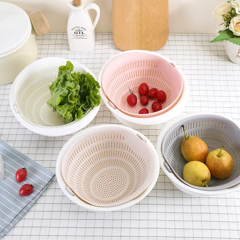 Creative Multifunctional Draining Basket Double Kitchen Fruit And Vegetable Round Plastic Dishwashing Basket