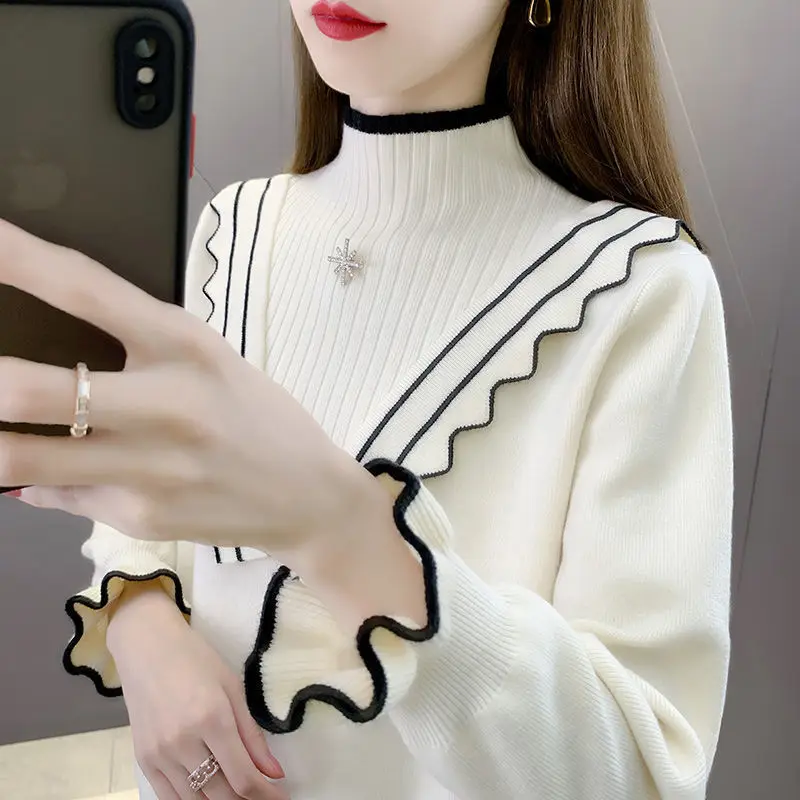 

Autumn Winter New Pleated Patchwork Sweaters Long Sleeve Solid All-match Elegant Pullovers Top Office Fashion Women Clothing