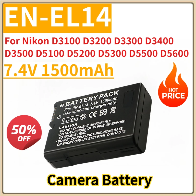 

New Replacement Camera Battery 7.4V 1500mAh EN-EL14 for Nikon D3100 D3200 D3300 D3400 D3500 D5100 D5200 D5300 D5500 D5600 DF