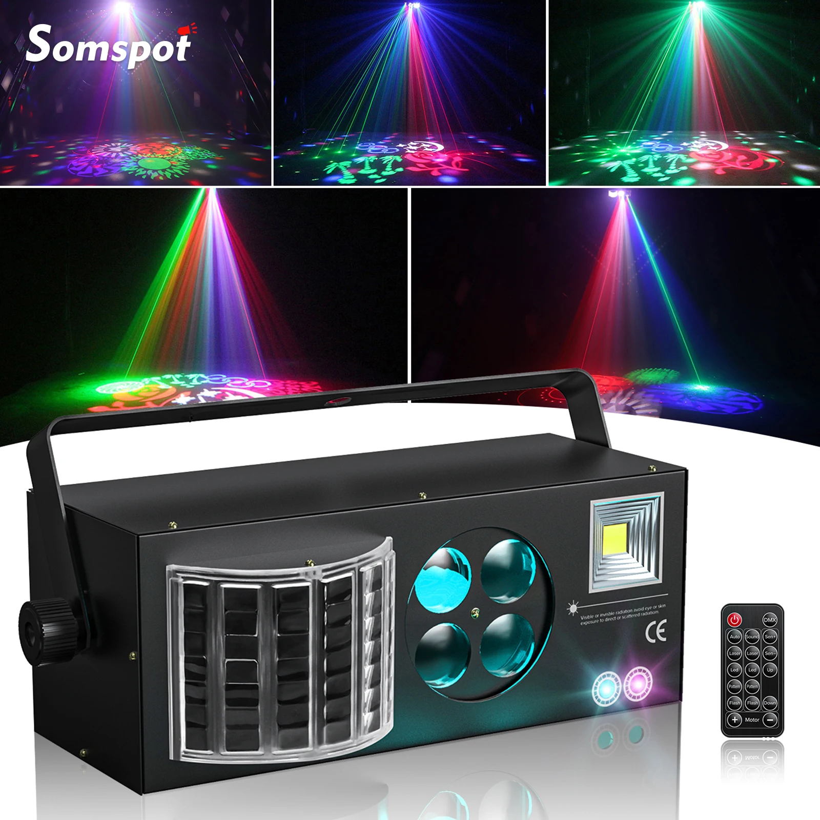 Somspot 4-in-1 RGBW LED Laser Light Pattern Strobe Lights Butterfly Stage Effect Lighting Projector for DJ Show Concert Party