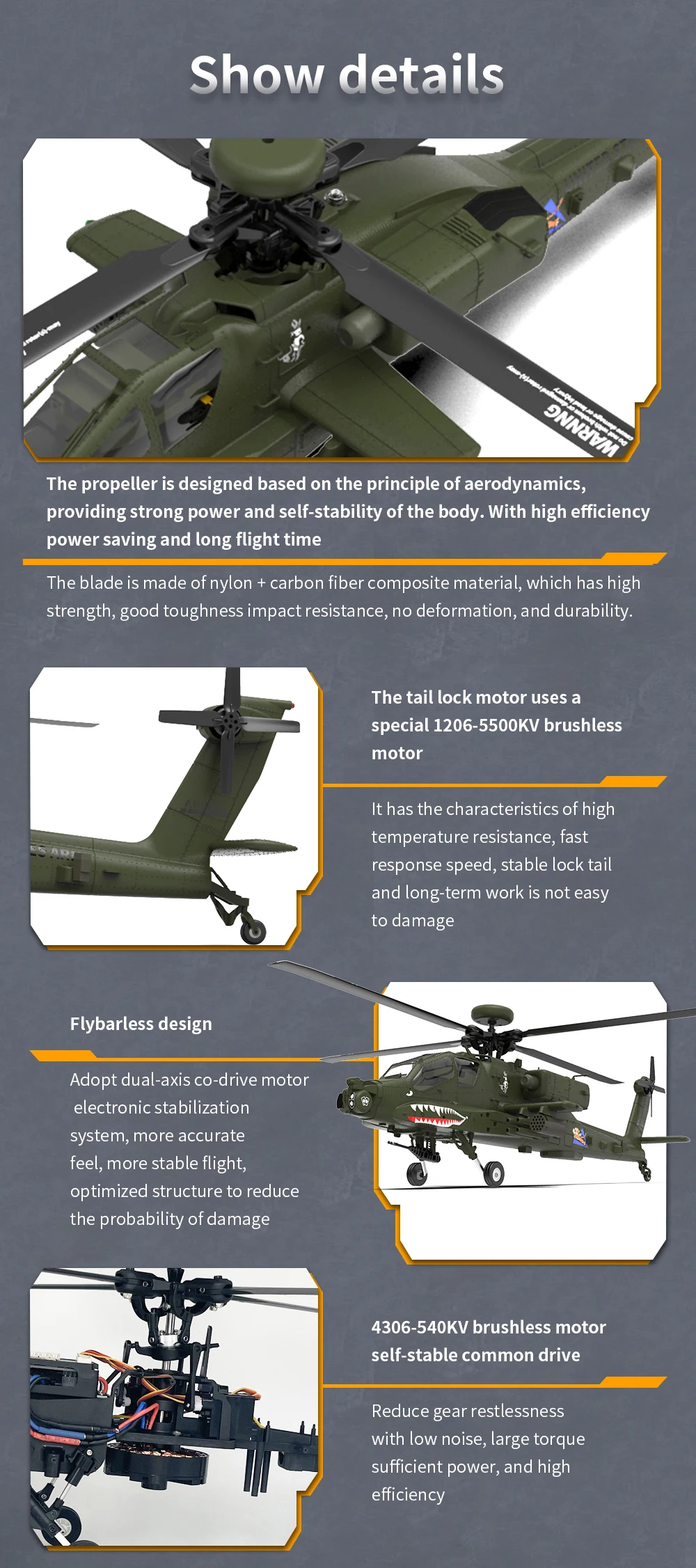 YXZNRC F11 AH-64D Apache RC Helicopter with 6-Axis Gyro 2.4G 6CH Brushless Motor 1:32 Scale Flybarless 3D RC Helicopter Model