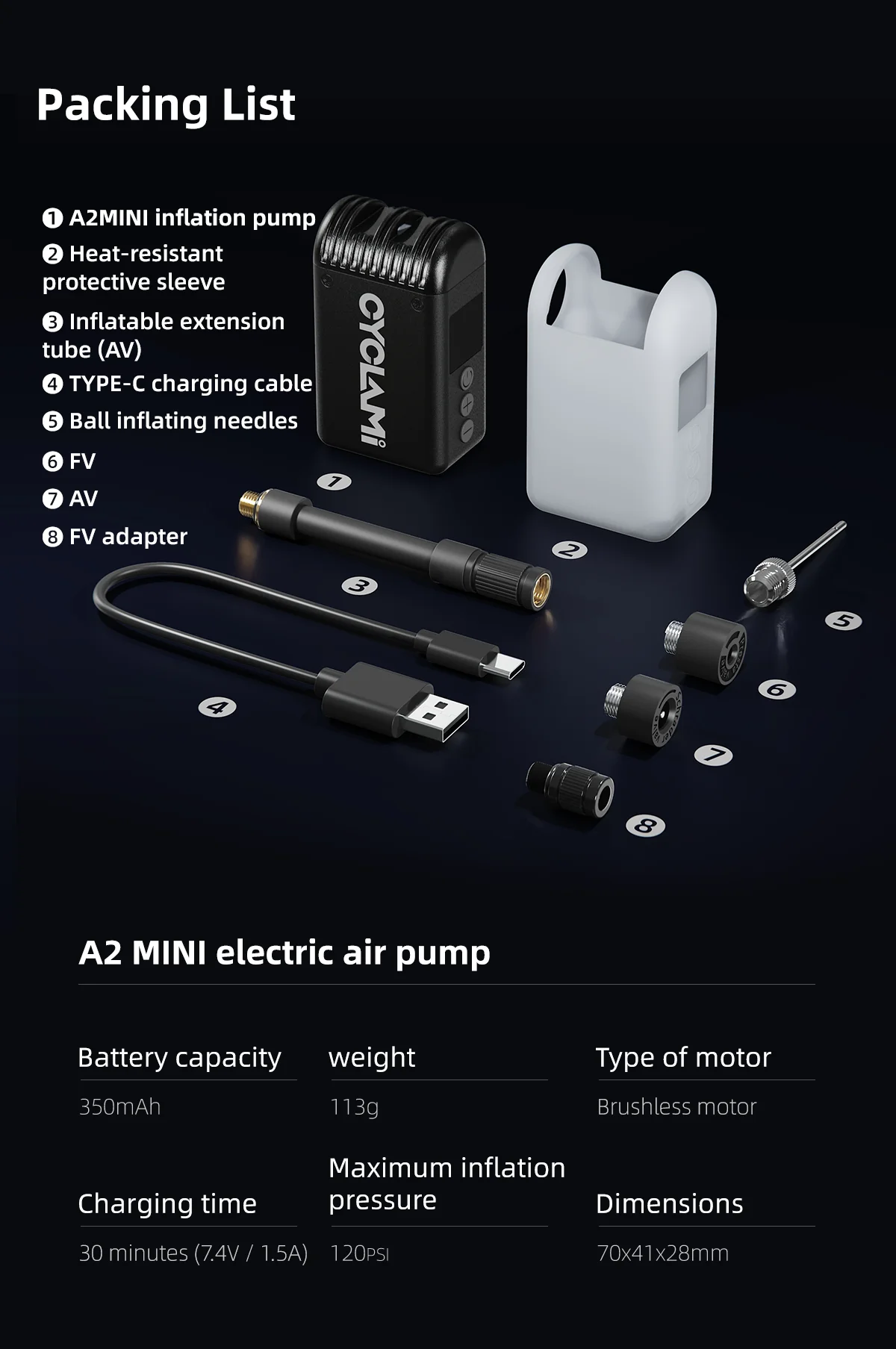 CYCLAMI A2 Mini Tragbare Fahrradpumpe Wiederaufladbarer Luftkompressor 120 PSI Typ-C Fahrradzubehör für Schrader- und Presta-Reifen A2MINI – Detail 14