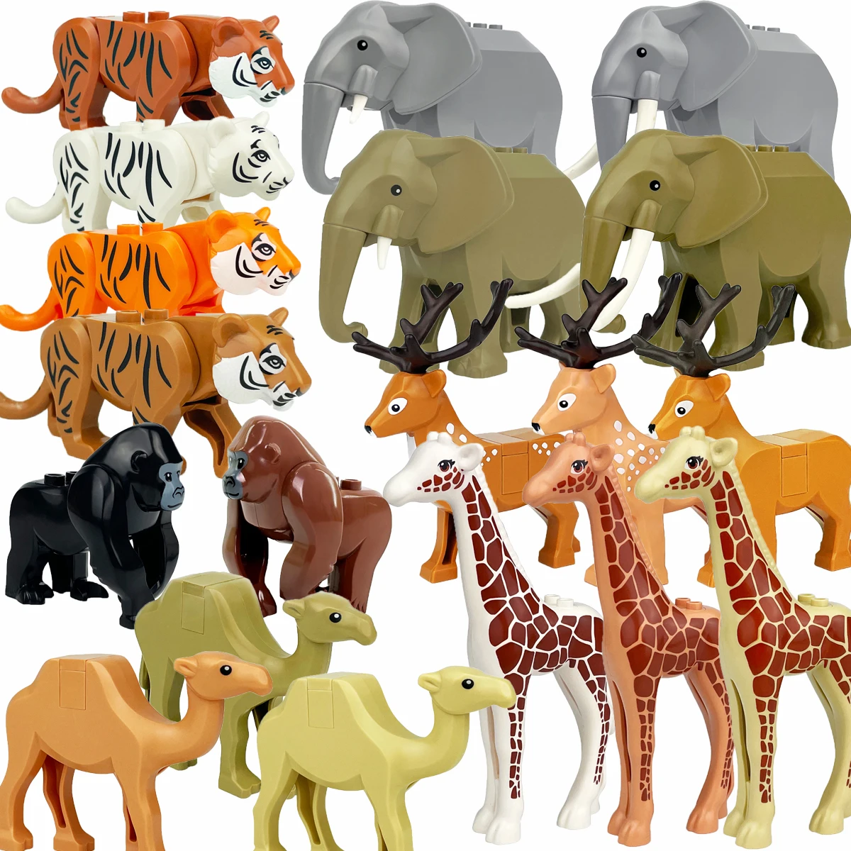Zoo Animals Building Blocks Set: Elephant, Camel, Deer, Giraffe, Gorilla, Horse, Tiger - Mini Action Figure Bricks Toy