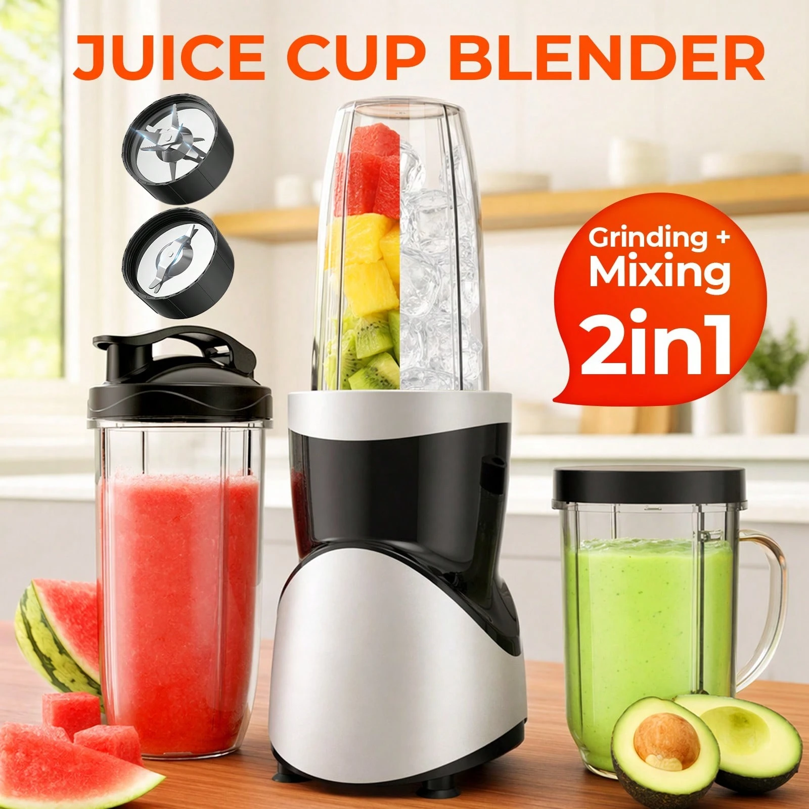 15 Piece Personal Blender & Grinder Set, Smoothie Maker & Complementary Food Maker with 4 Portable Cups, 304 Stainless Steel, for Milkshakes, Juices & Nutritional Drinks