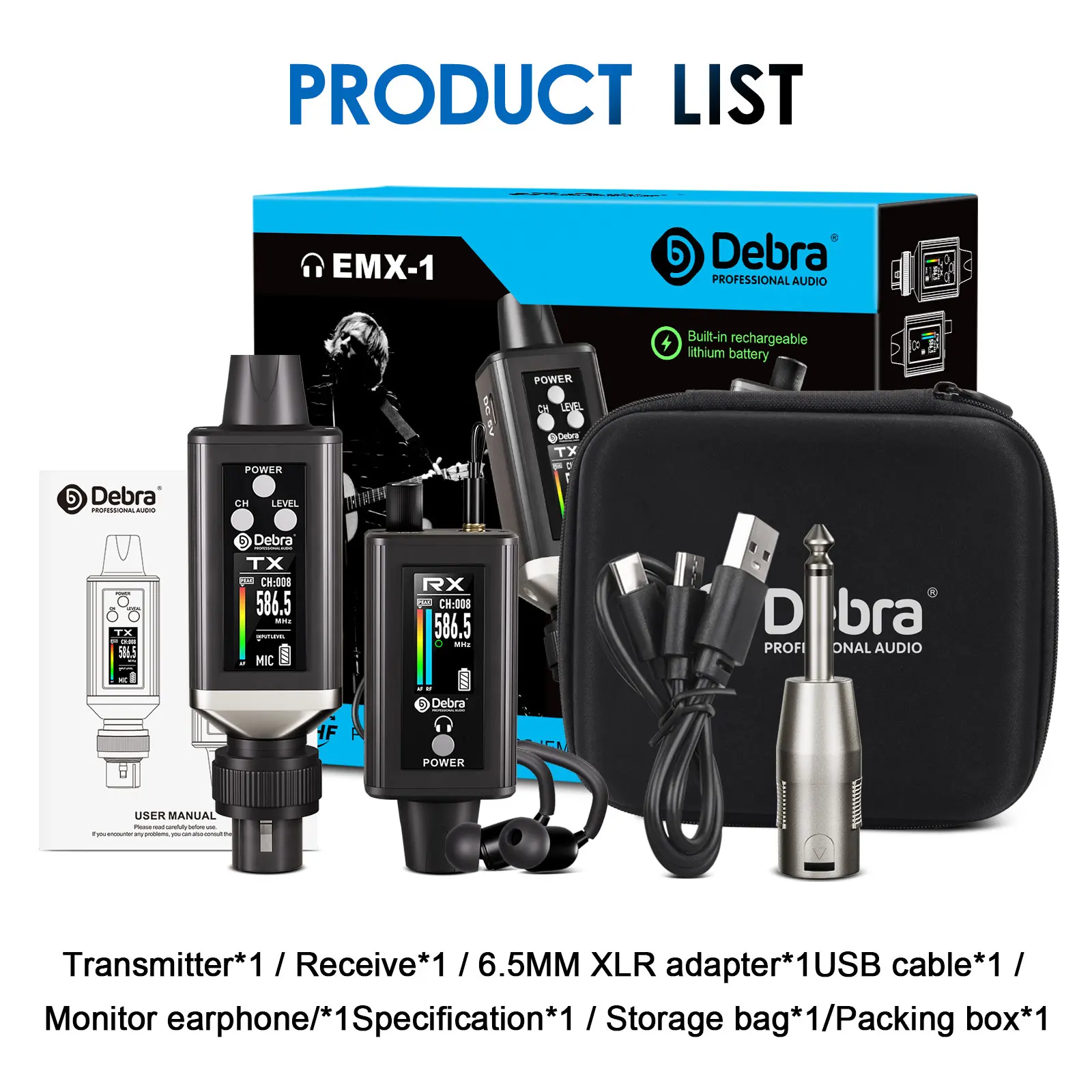 Debra EMX-1 Audio UHF Stereo IEM Drahtloses Monitoring-System, tragbar, wiederaufladbar, mit 16 einstellbaren Frequenzen auf dem Bildschirm – Detail 13