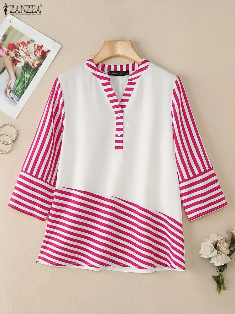 2025 elegante decote em v camisa de escritório zanzea feminino verão retalhos blusa listra blusas casuais 3/4 manga botões até topos oversize
