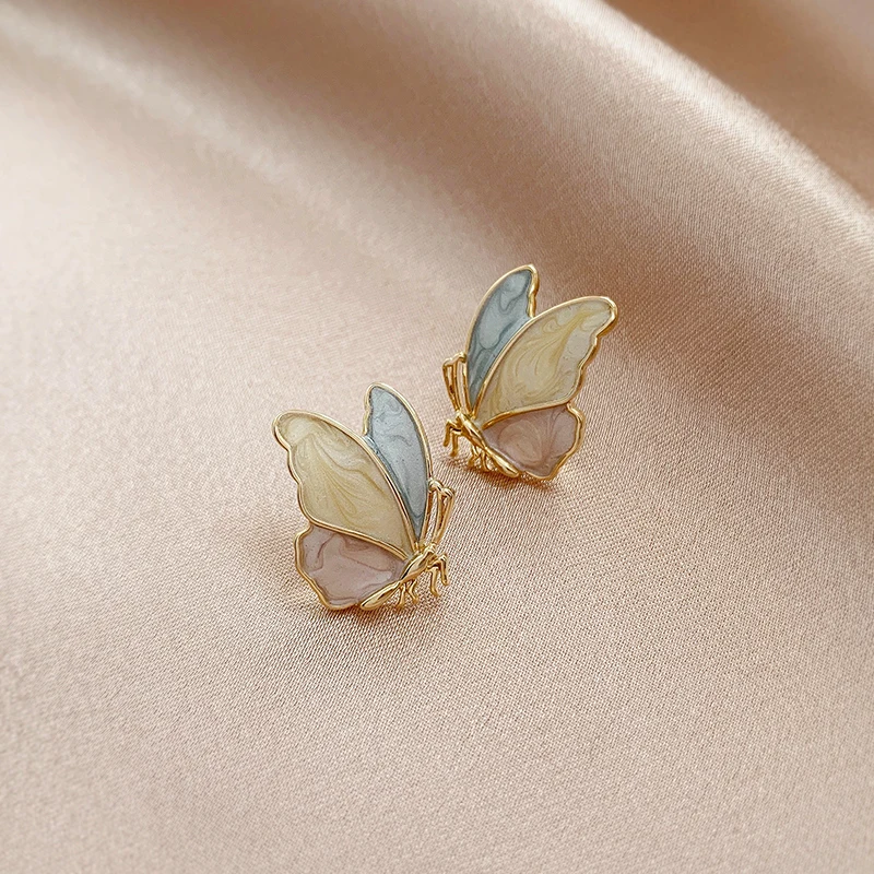 S925 Silver Needle Korean Version Simple Fashion Drop Oil Butterfly Sweet Lovely Temperament Color Earrings Female Wholesale