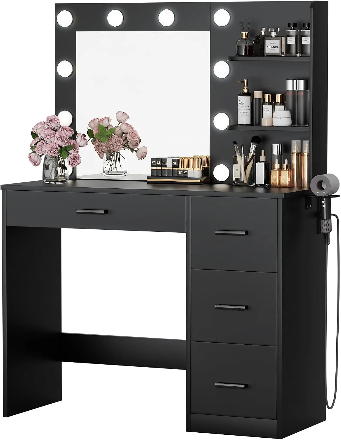 Furmax Vanity Desk with LED Lighted Mirror&Power Outlet, Makeup Vanity Table with 4 Drawers, 3 Open Storage Shelves, and 3 Color