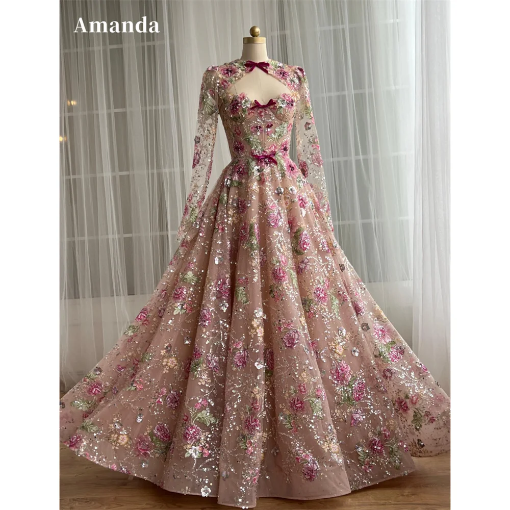 

Amanda Customized Pink Floral Embroidery Ball Gown Prom Dress Sequined Long Sleeve vestidos de noche Floor-Length Formal Evening