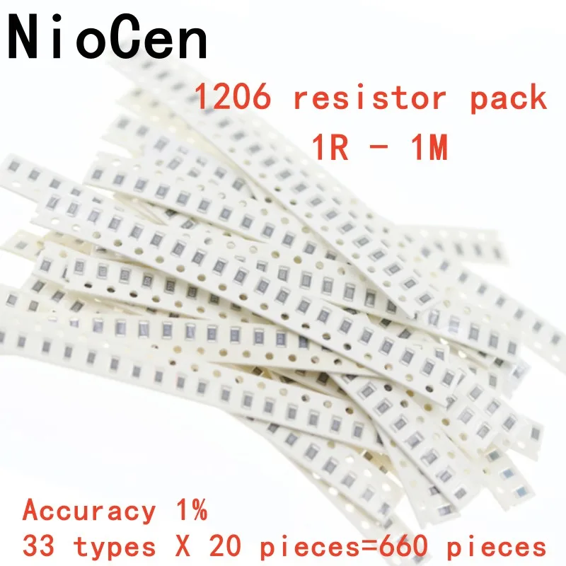 660PCS/set 1206 Resistance kit SMD Resistor Pack Assorted Kit,1Ω ~ 1M 33 values*20pcs 1%Chip Resistor diy electronic kit NioCen