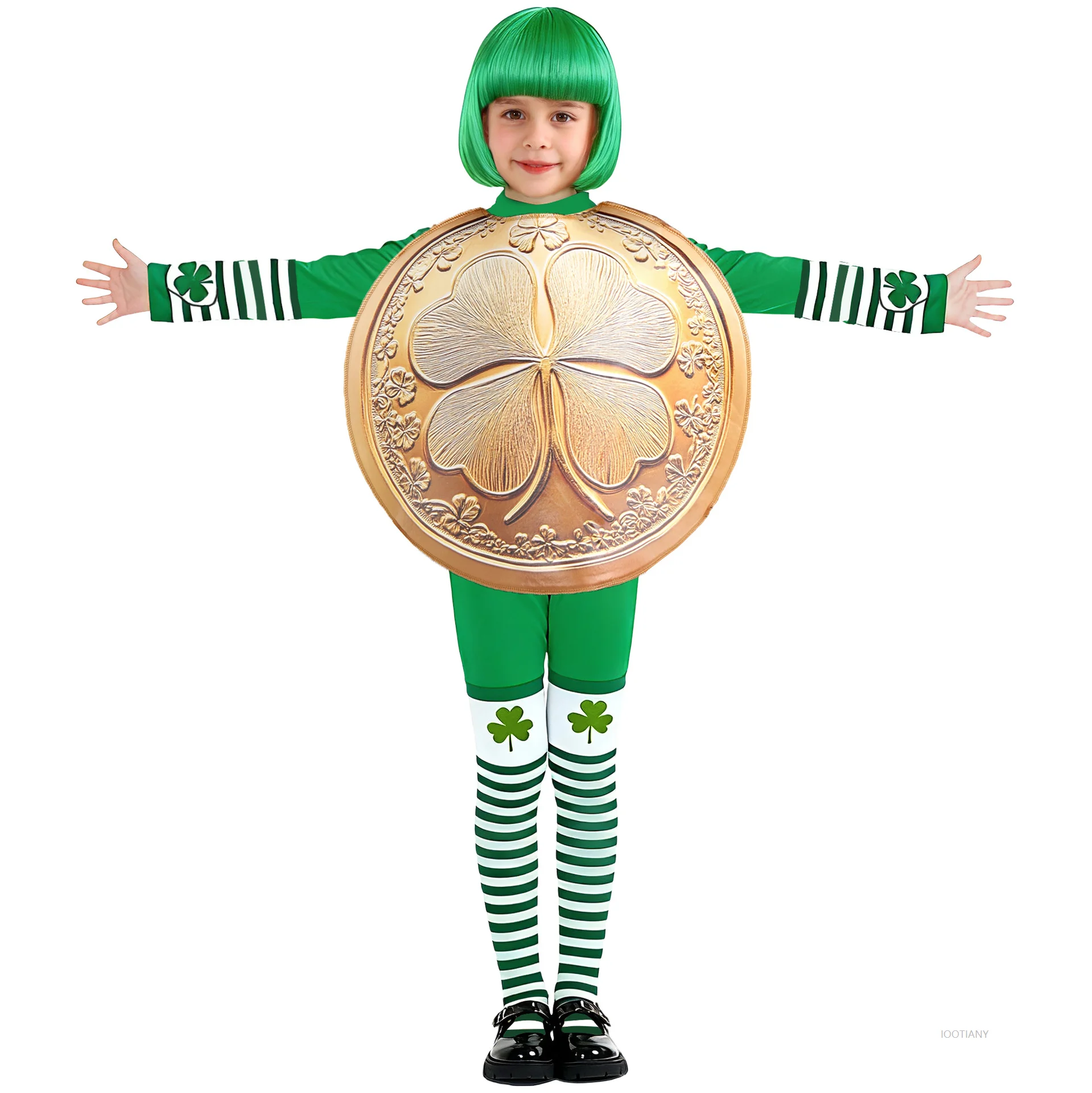 Kostum Clover Cosplay Anak Laki-Laki Koin Emas Keberuntungan Hari St. Patrick 2025 Festival Irlandia Set Wig Pertunjukan Panggung Anak Perempuan