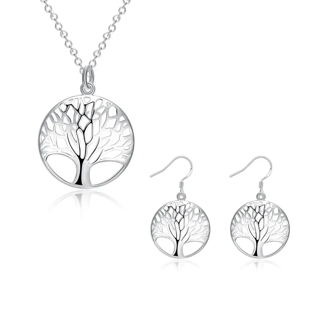 Wisdom Tree Necklace Earring Set 925 Sterling Silver Tree of Life Pendant Necklace and Earrings Christmas Gifts 2pcs Jewelry Set