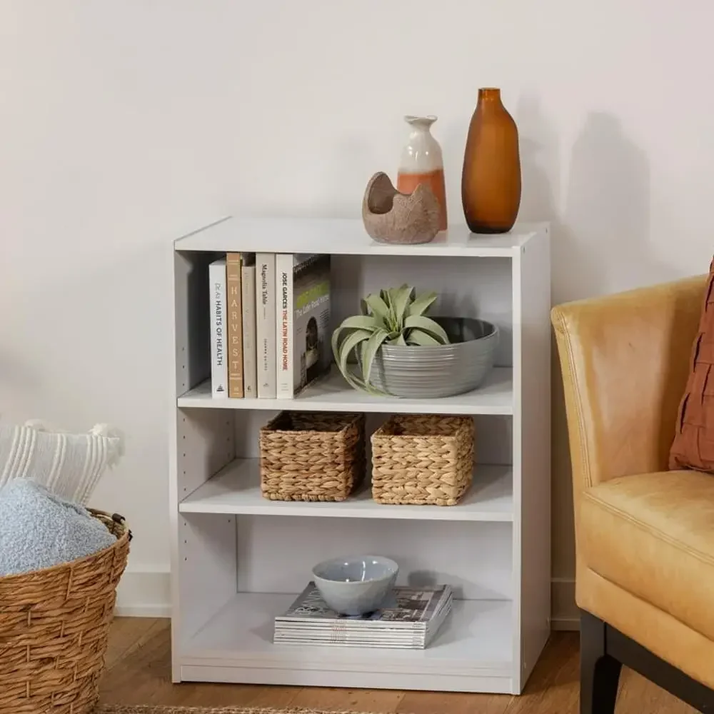 3-Shelf White Bookcase Adjustable Storage Bookshelf Sturdy Design Small Spaces