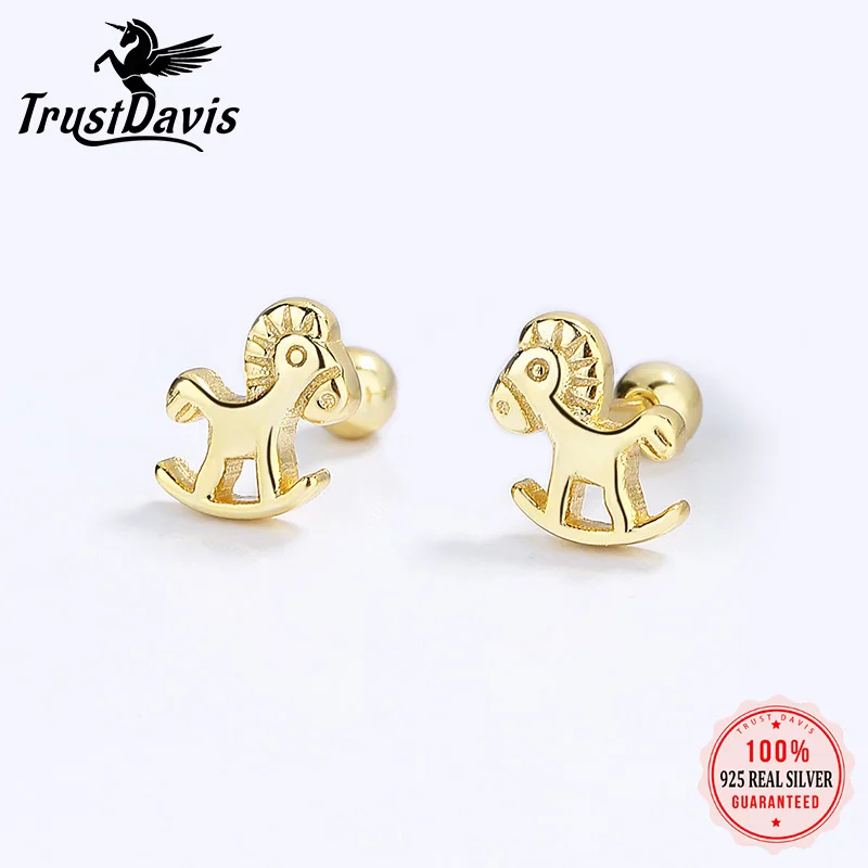 TrustDavis Real 925 Sterling Silver Sweet Trojan Horse Screw Stud Earrings For Daughter Girls Birthday Gift Fine Jewelry DG0159