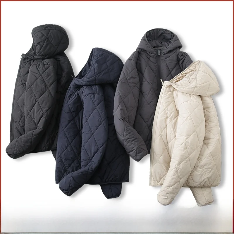 

ex Hooded Zipper Cotton Jaet Faionable Diamond Patterned Couples Sle Warm Thiened Youth ular Stand Fit