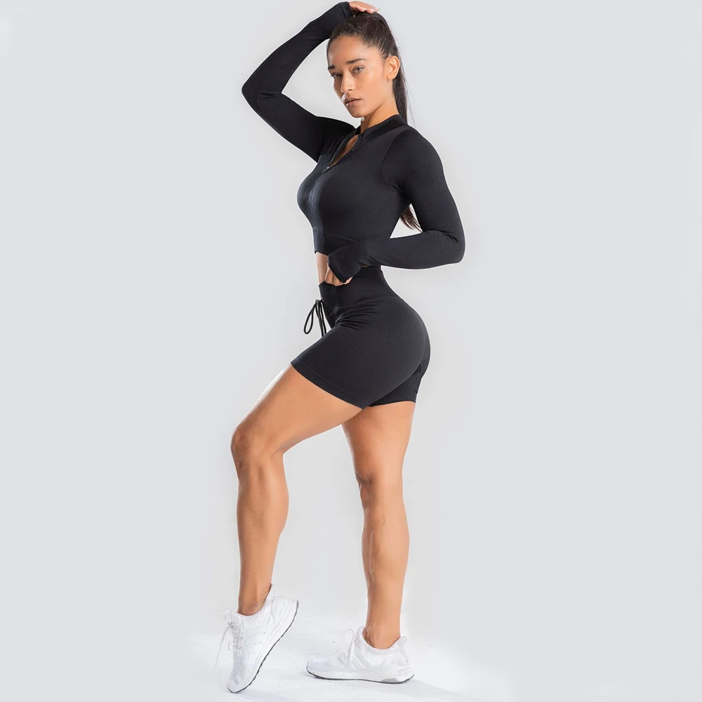 QK 1PCS Zimowy biustonosz sportowy z zamkiem błyskawicznym Crop Shirts Yoga Set Women High Waist Legging Workout Pant Fitness Shorts Gym Active Outfit Suit