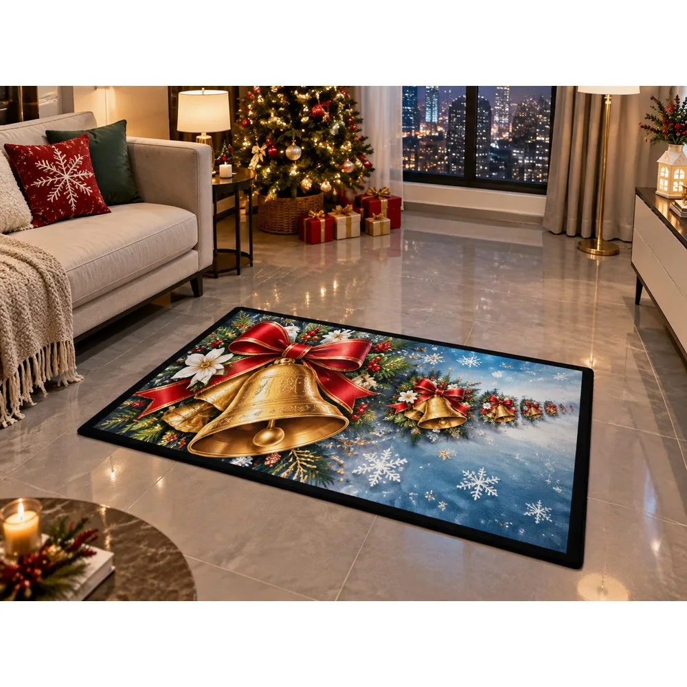 VIKAMA Christmas Ice Blue Bell Flannel Door Mat, Washable Quick Dry Xmas Mat, Christmas Decor for Mudroom, Farmhouse, Laundry