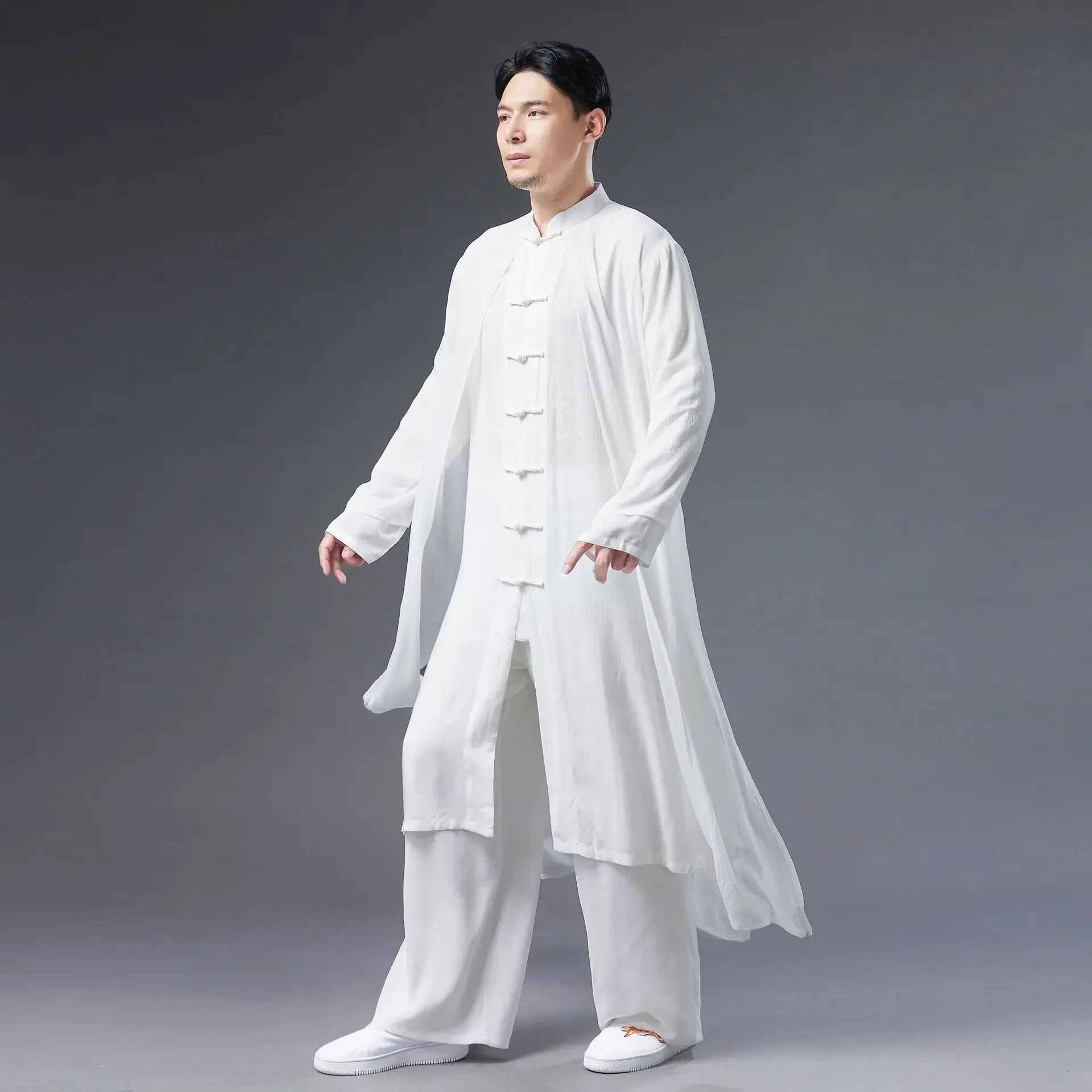 Cotton Linen Blouse Men's Chinese Style Fake 2Pieces Casual White Robe Tang Suit Meditation Tai Chi Clothes Kung Fu Tea Uniform