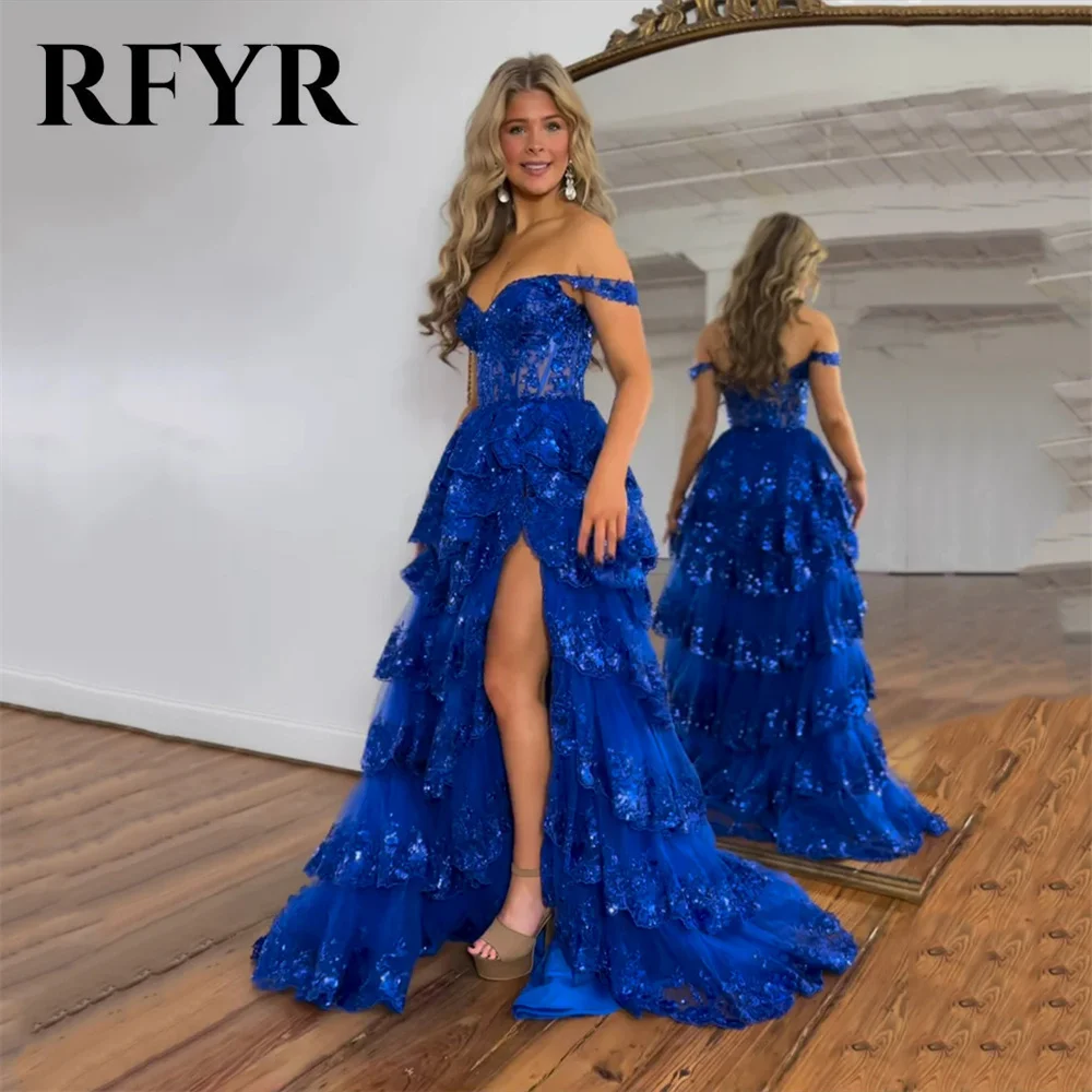 RFYR Glitter Royal Blue Prom Dress Exquisite Tiered Layer Party Dress High Split Off Shoulder فساتين مناسبة رسميةCustomized