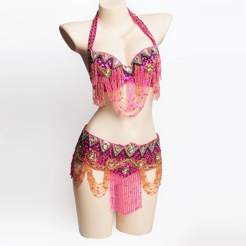 

Customized Diamond Bead Embroidery Belly Dance Bra Waist Cover Exotic Dancewear Abanicos De Seda Bellydance Dancewear