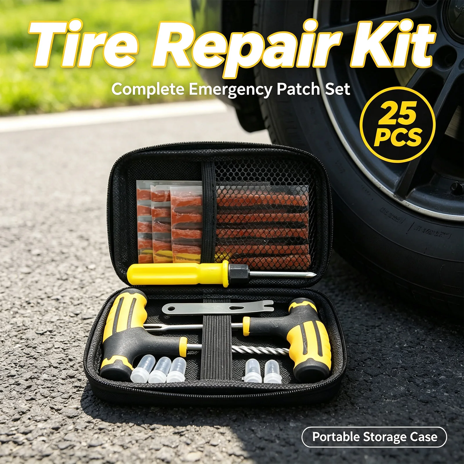 Kit de réparation de pneus à la dérive avec sonde en T, fourche à valve, clé à valve, bandes de réparation, capuchons et étui pour moto et scooter