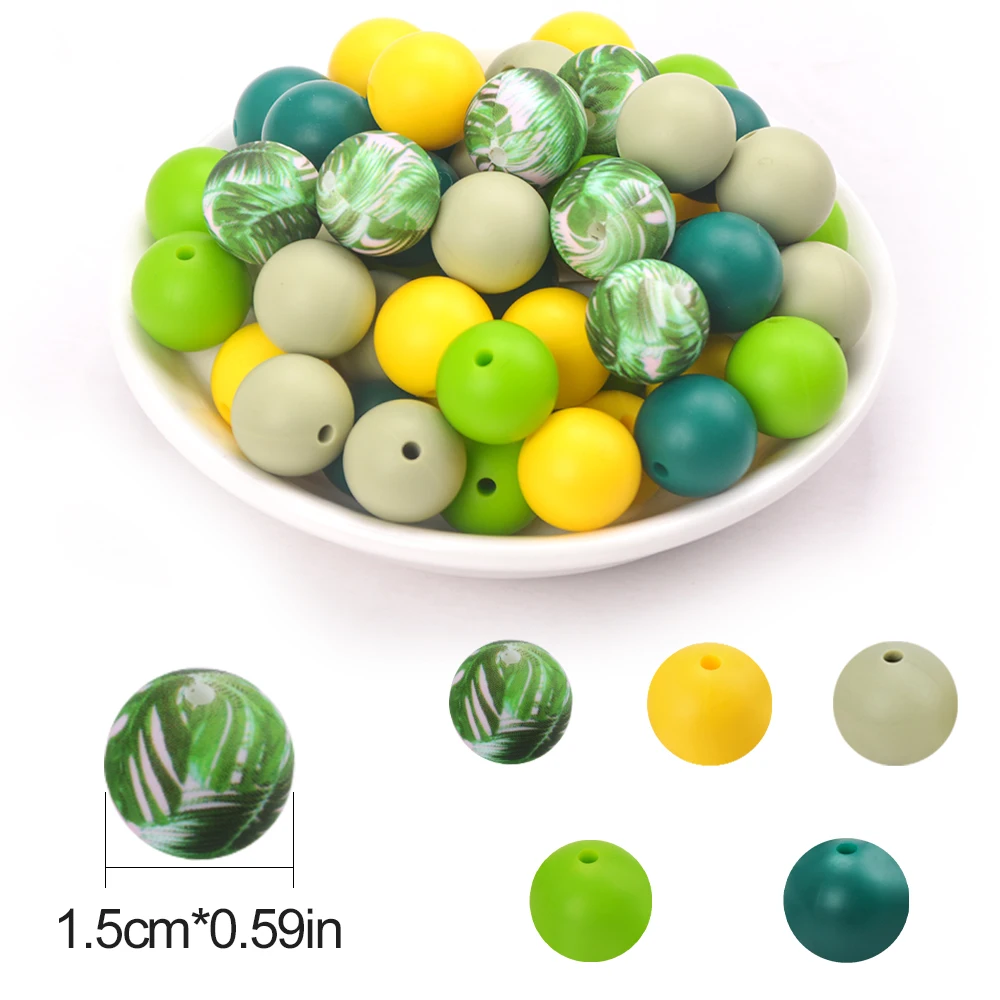 LOFCA 30Pcs 15mm Silicone Beads Round Loose Mix Print Beads For Jewelry Making DIY KeyChain Bracelet Necklace Jewelry accessorie