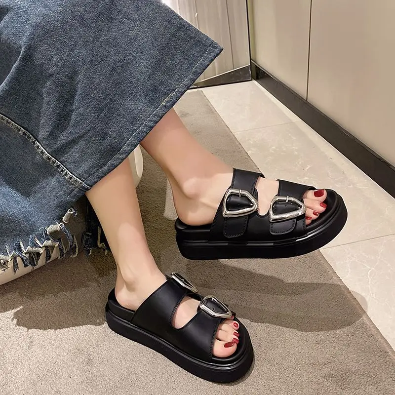 Slides Rubber Black Women\'s Slippers and Ladies Sandals Round Toe Height Summer 2024 with Heel Shoes Unique Luxury Normal Casual